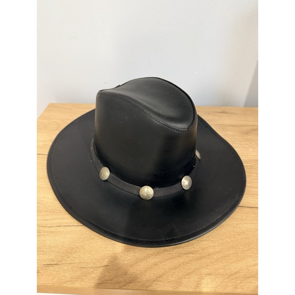 Henschel Other - HENSCHEL HAT CO USA Black‎ LEATHER COWBOY HAT Western Rodeo Sun Wide Brim MEDIUM
